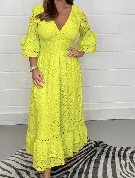 Orla Short Flounce Sleeve Eyelet A-Line Midi Dress midi dress Castello Clothing Line