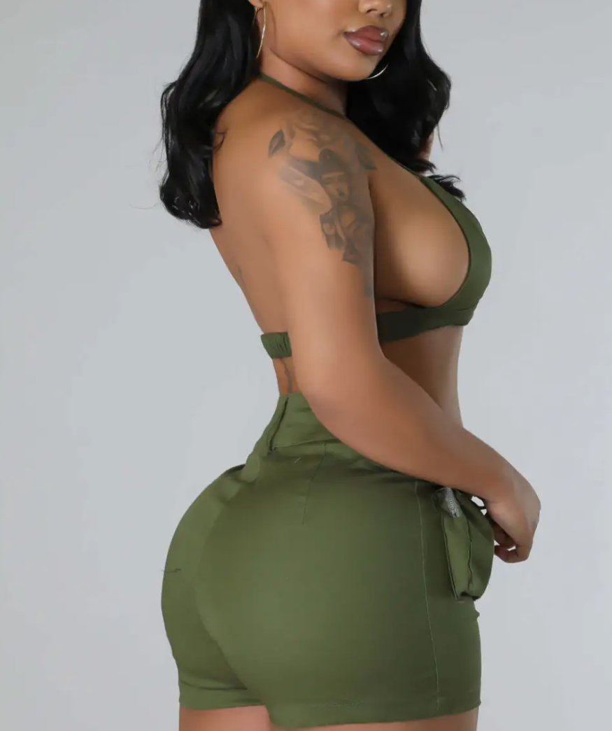Vibe Halter Bralette Top & High-Waist Utility Shorts Set Castello Clothing Line