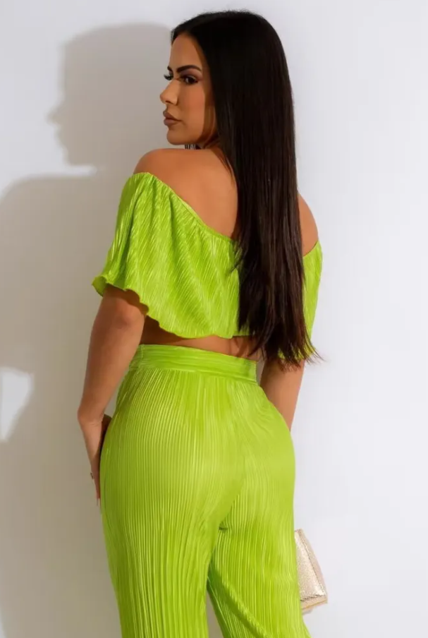Off Shoulder Ruffled Crop Top & High Waisted Wide Leg Pants Set Castello Clothing Line