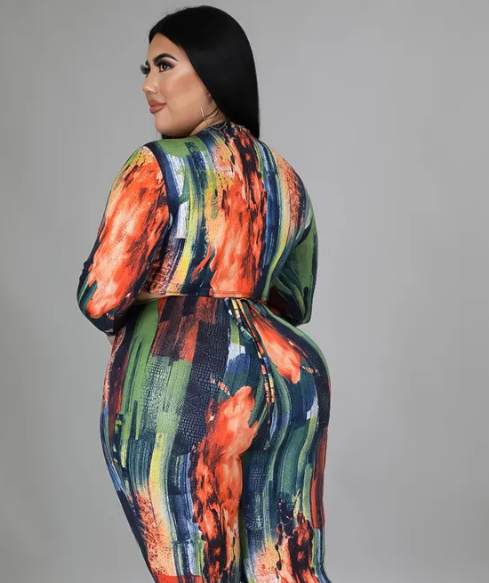 Plus Size Cut Out Long Sleeve Crop Top & Pencil Pants Set Castello Clothing Line