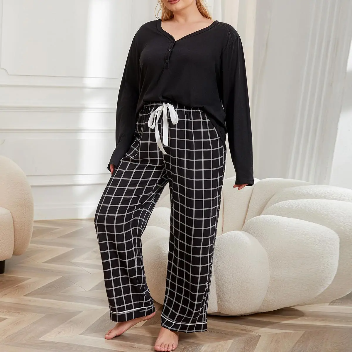 Plus Whimsy Buttoned V-Neck Pajama Top & Plaid Wide Leg Pants Set Castello Clothing Line