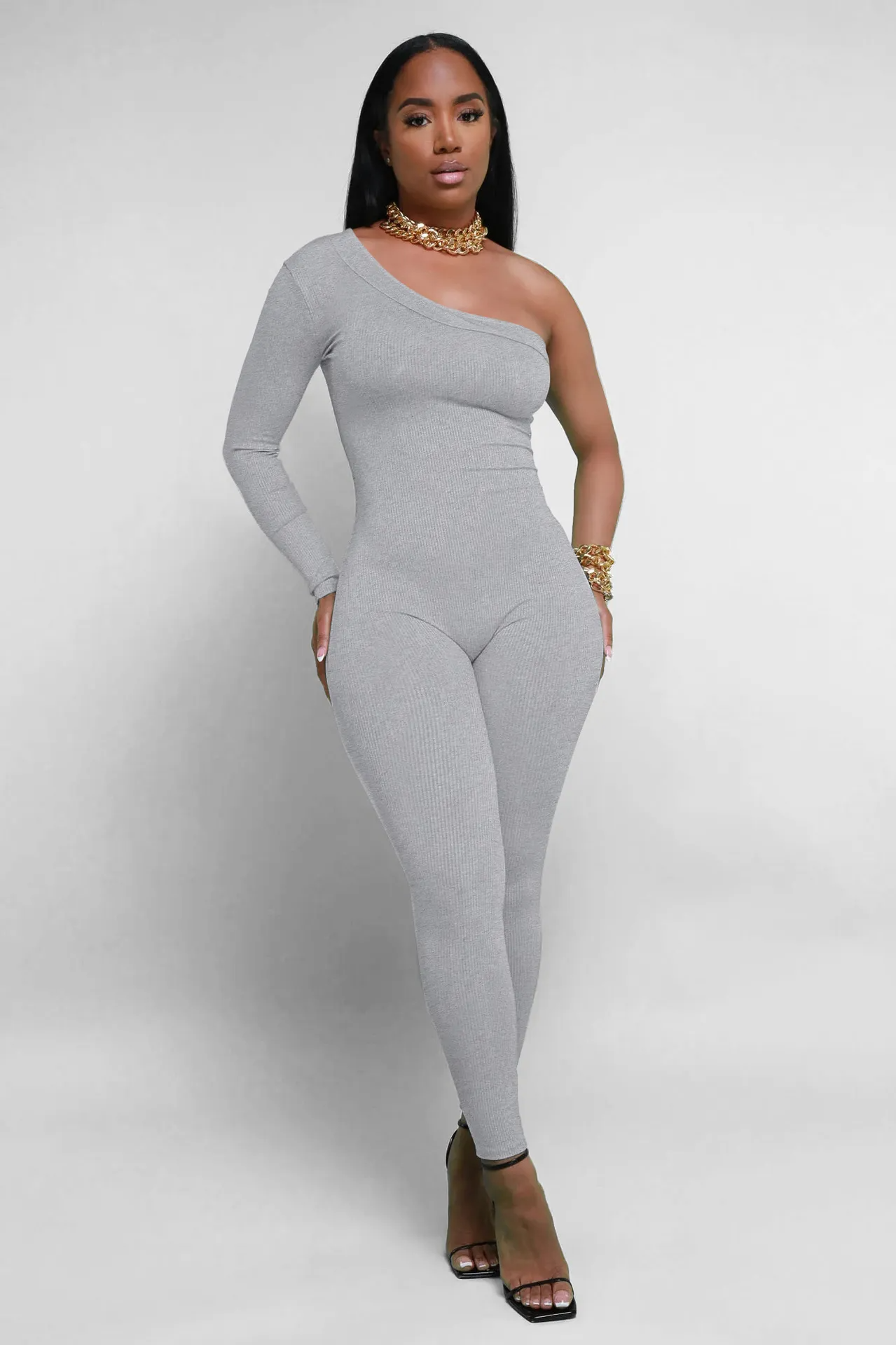 Kimberly One-Shoulder Long Sleeve Ribbed Bodycon Jumpsuit bodycon jumpsuit Castello Clothing Line
