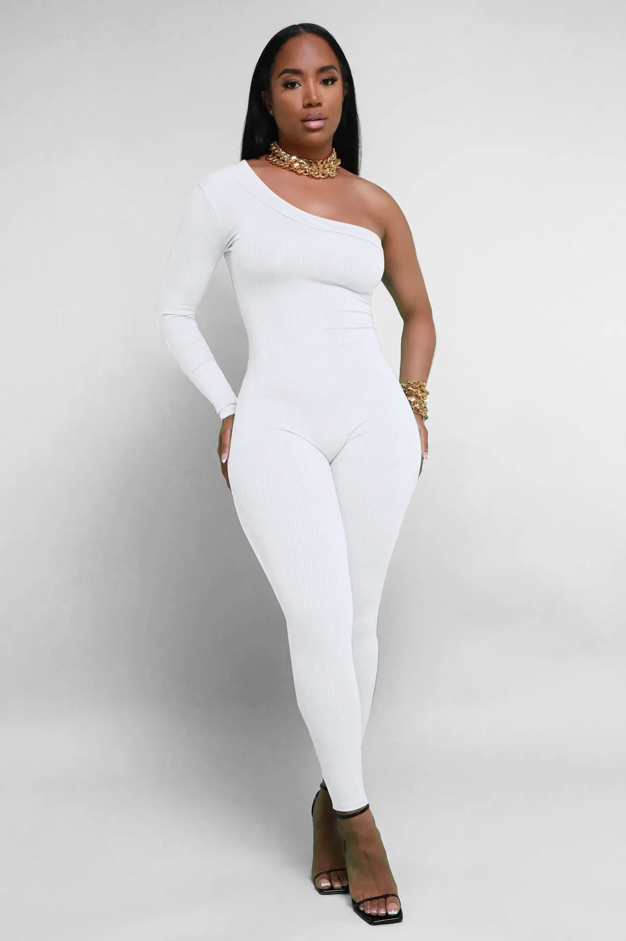 Kimberly One-Shoulder Long Sleeve Ribbed Bodycon Jumpsuit bodycon jumpsuit Castello Clothing Line