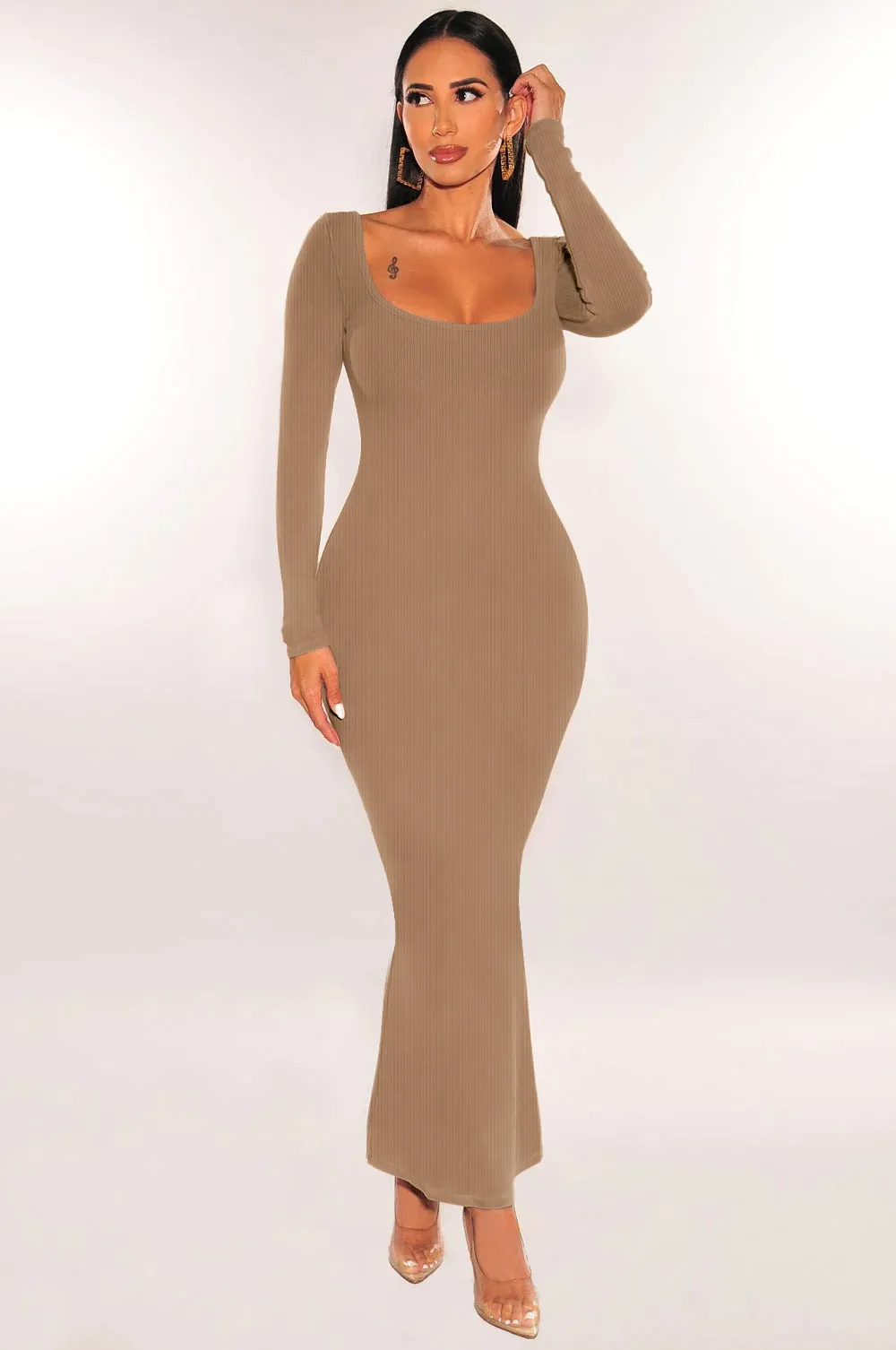 Callia Ribbed Long Sleeve Scoop Neck Maxi Dress maxi dress Castello Clothing Line