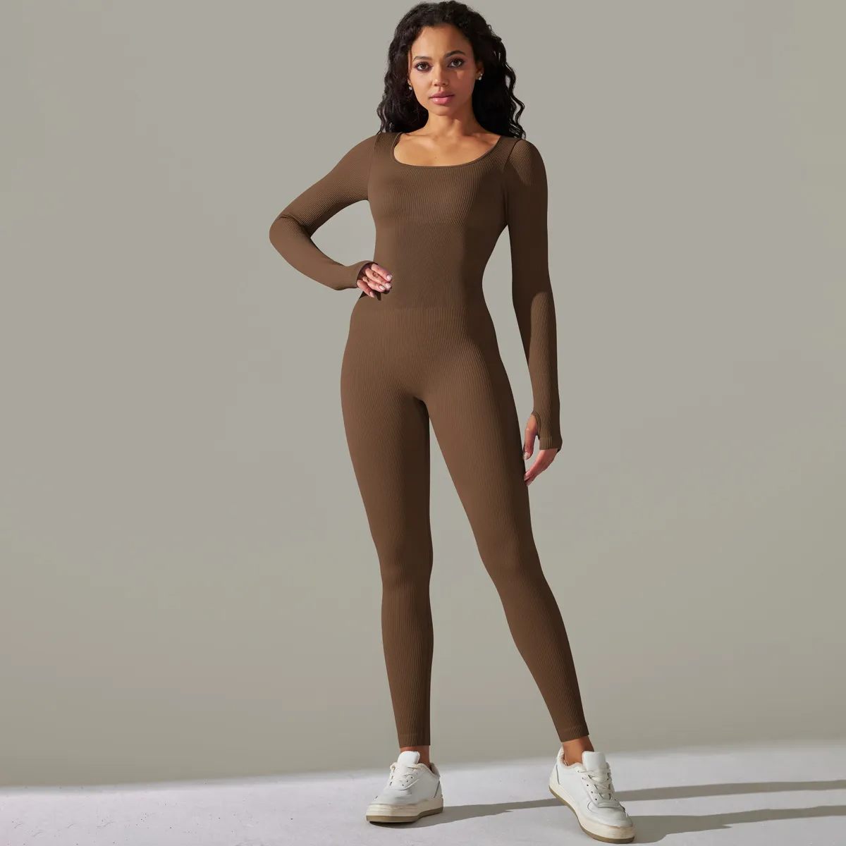 Lina Long Sleeve Ribbed Seamless Compression Jumpsuit athletic rompers & jumpsuits Castello Clothing Line