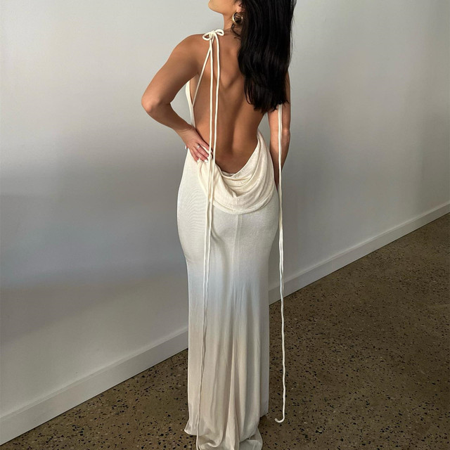 Pavlina Draped Tie-Back Halter Bodycon Maxi Dress Castello Clothing Line