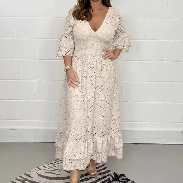 Orla Short Flounce Sleeve Eyelet A-Line Midi Dress midi dress Castello Clothing Line