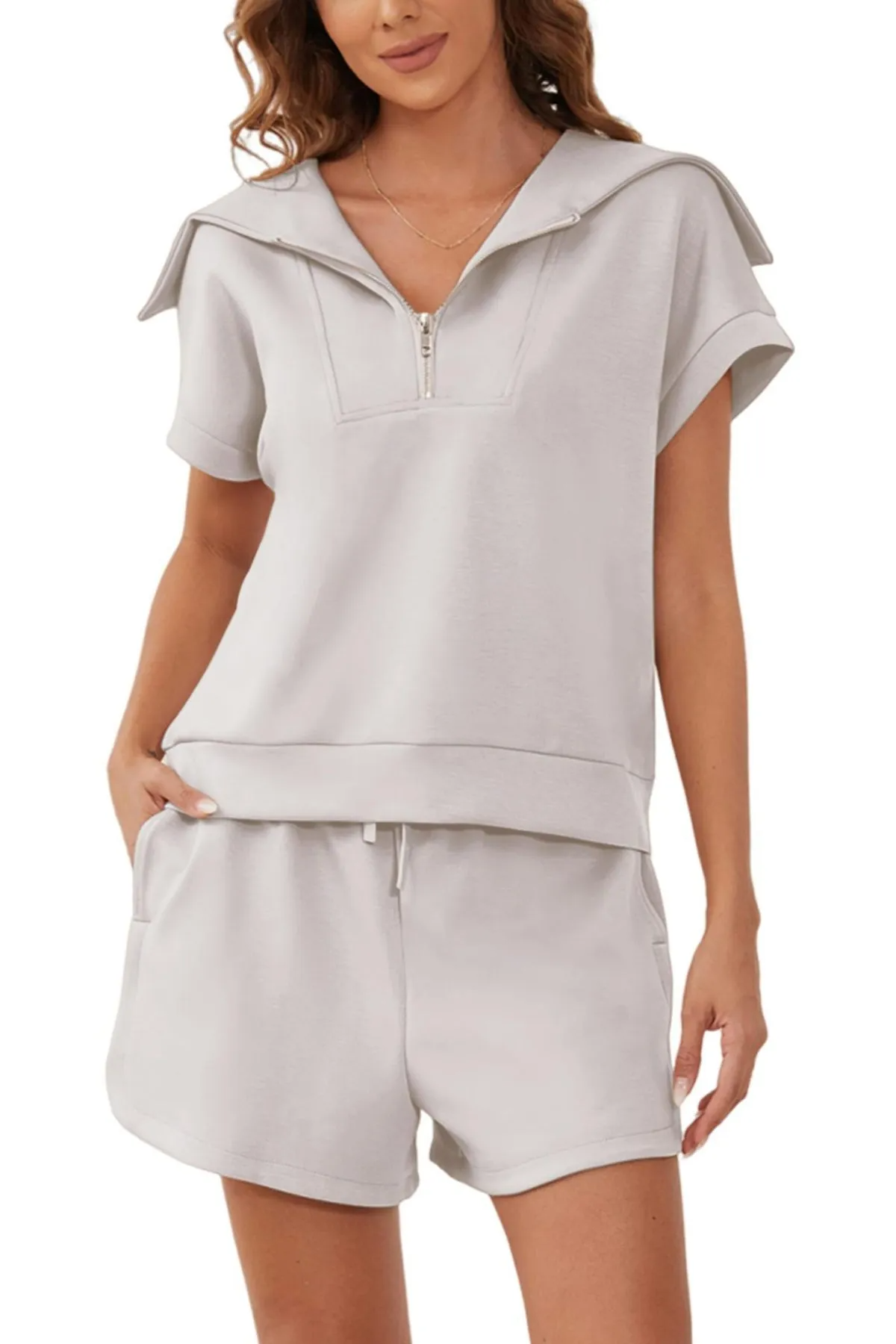 Spree Zip-Up Collared Top & Drawstring Shorts Set Castello Clothing Line