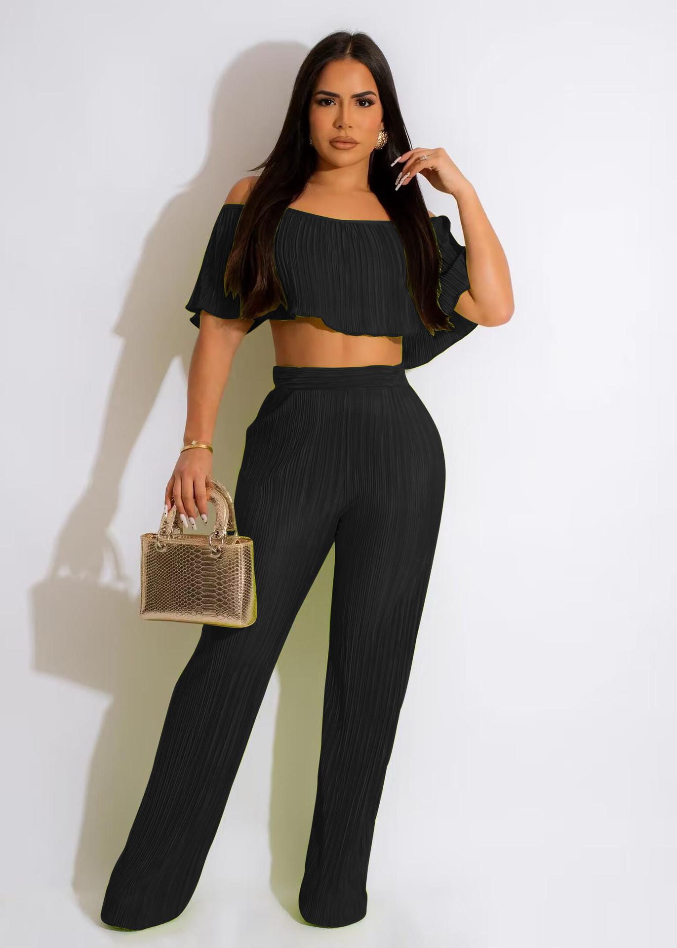 Off Shoulder Ruffled Crop Top & High Waisted Wide Leg Pants Set Castello Clothing Line