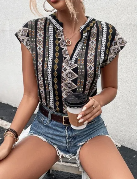 Tribal Threads V-Neck Cap Sleeve Printed Blouse Castello Clothing Line