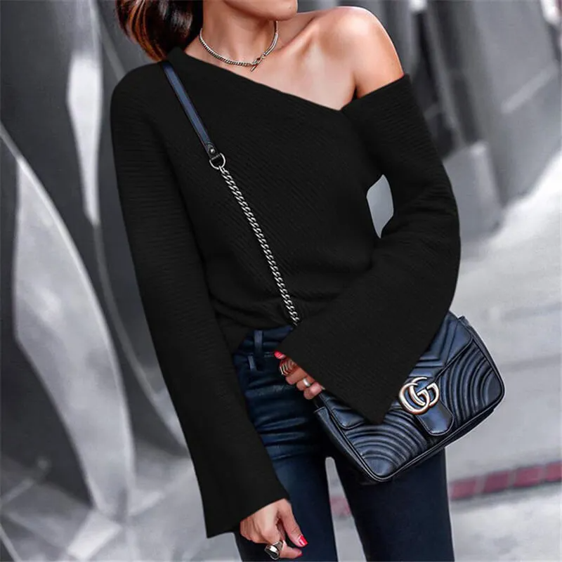 Obsession Asymmetric Ribbed One-Shoulder Bell Sleeve Sweater Castello Clothing Line