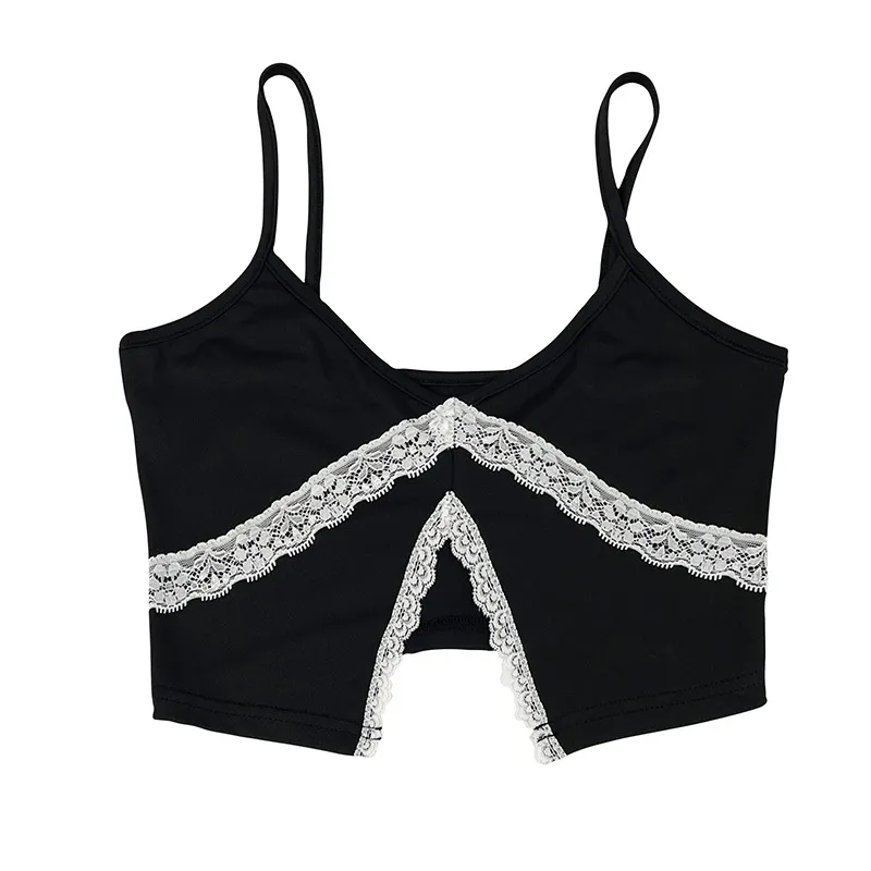 Evia Lace Trim Spaghetti Strap Crop Top Castello Clothing Line