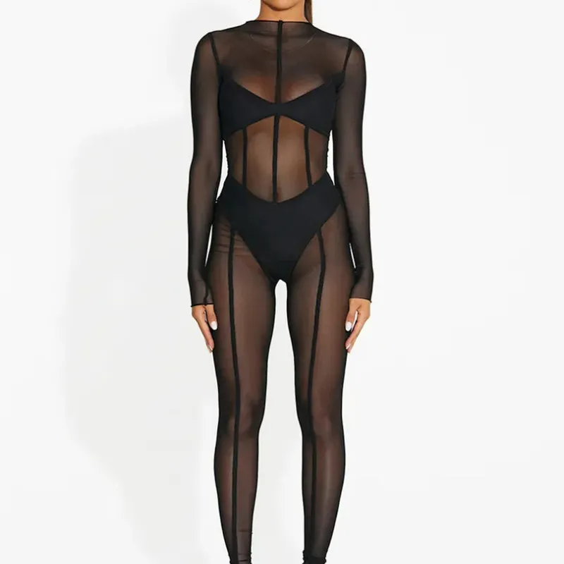 Taylor Sheer Mesh Long Sleeve Bodycon Jumpsuit bodycon jumpsuit Castello Clothing Line