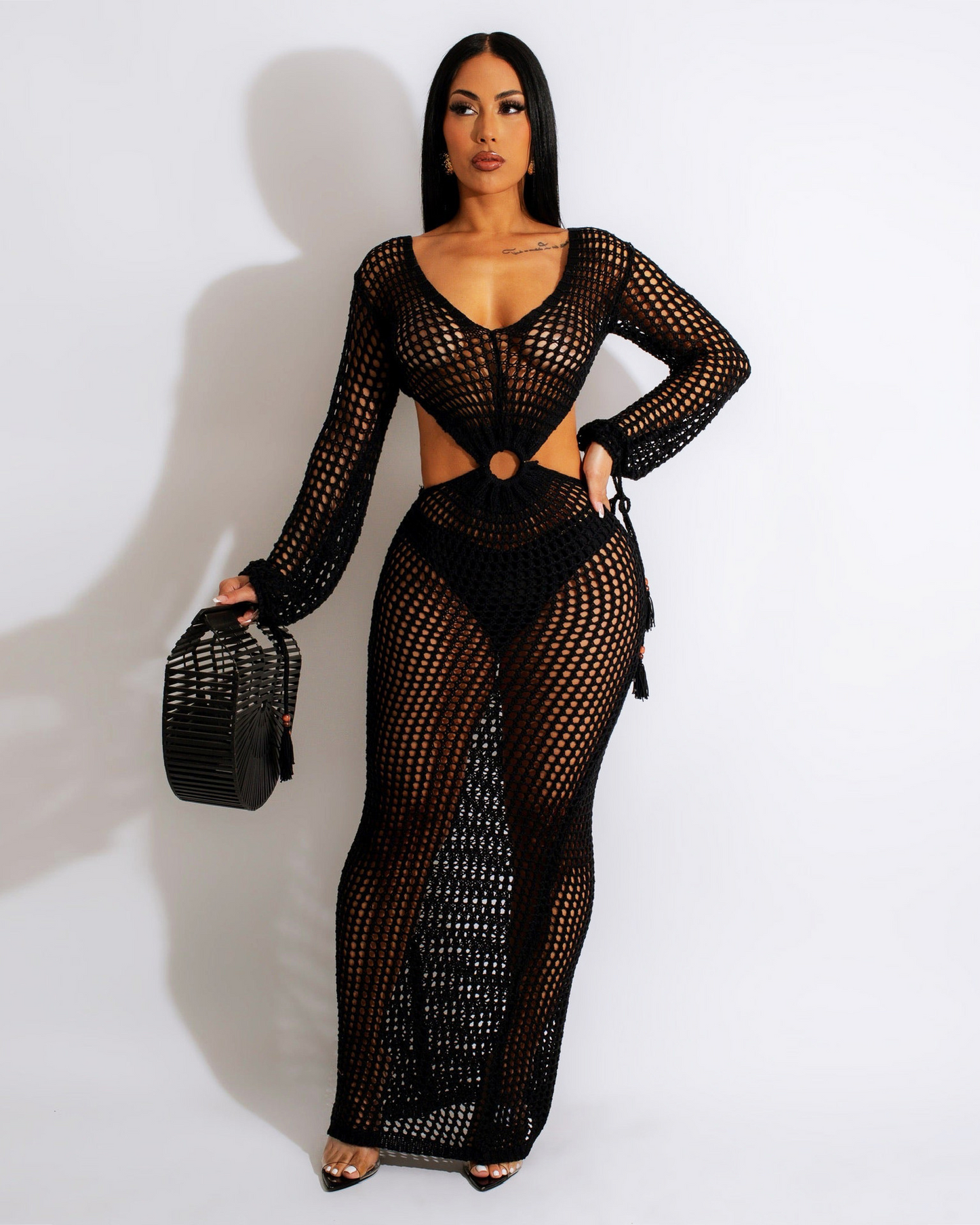 Veda Long Sleeve Crochet Cutout Sheer Maxi Dress Castello Clothing Line