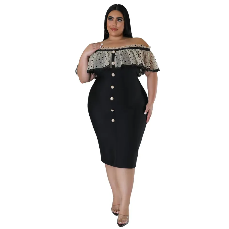 Clarissa Plus Off Shoulder Polka Dot Ruffle Bodycon Midi Dress Castello Clothing Line