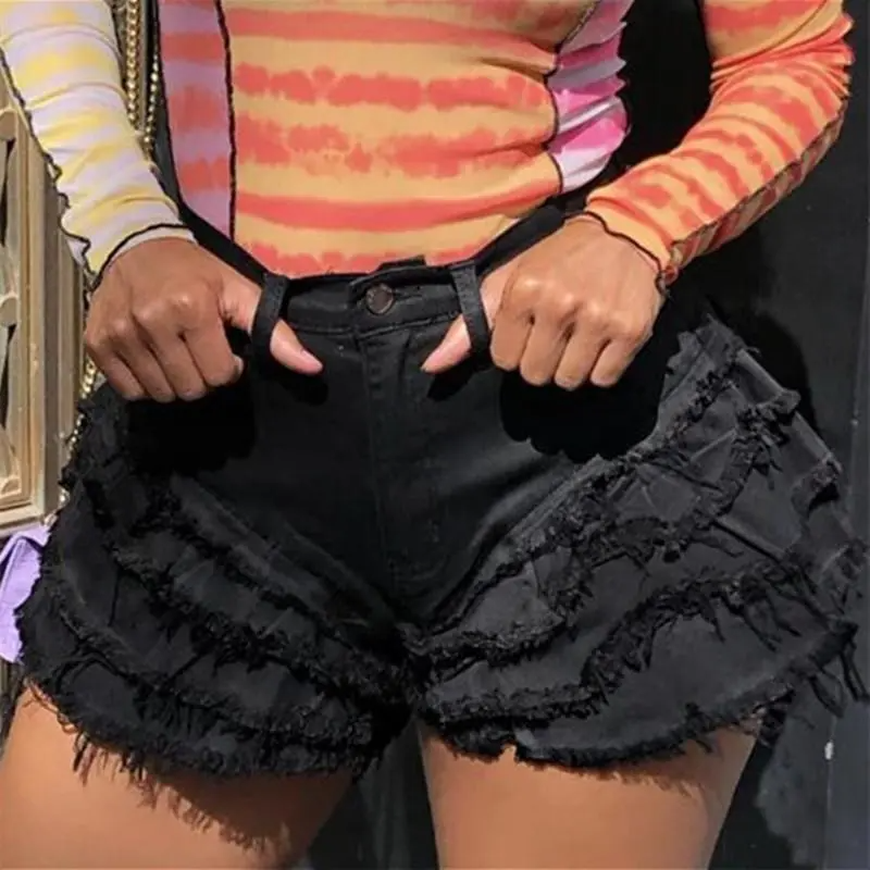 Rave High-Waist Layered Fringe Denim Shorts Castello Clothing Line