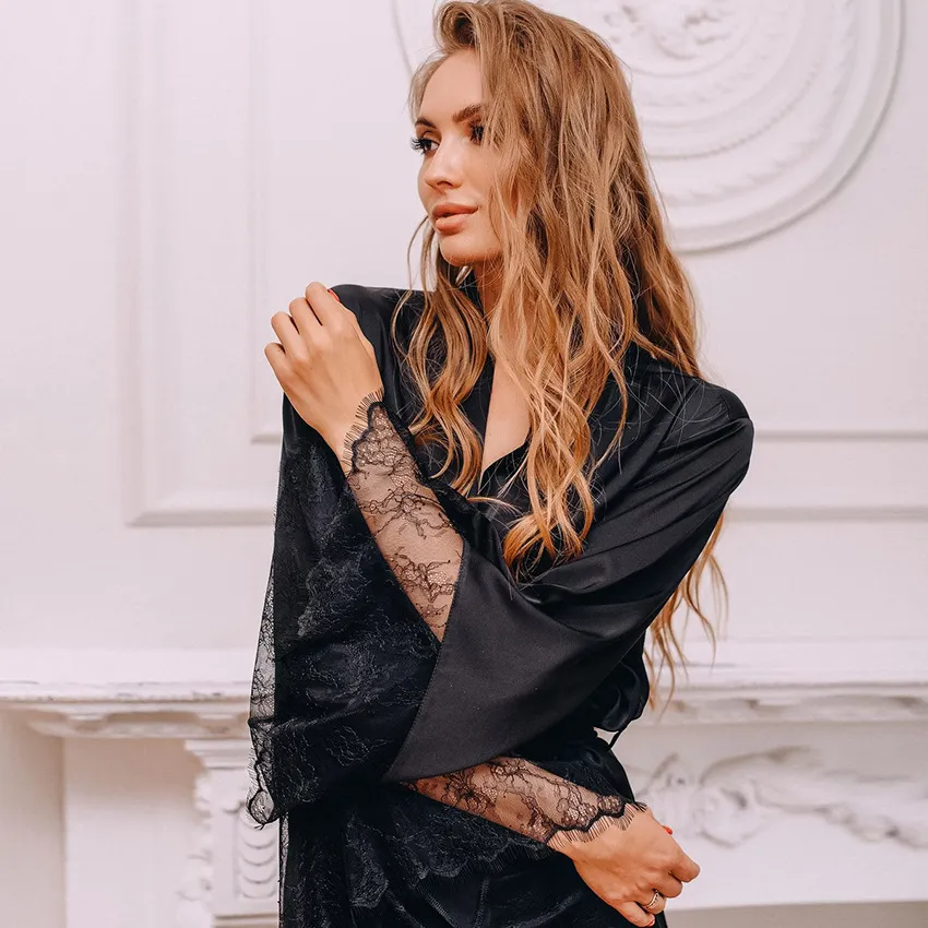 Moonlit Grace Lace-Trim Satin Long Wrap Robe Castello Clothing Line
