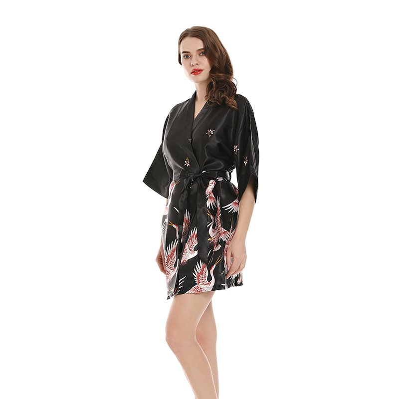 Celestial Crane Short Satin Kimono Robe Castello Clothing Line
