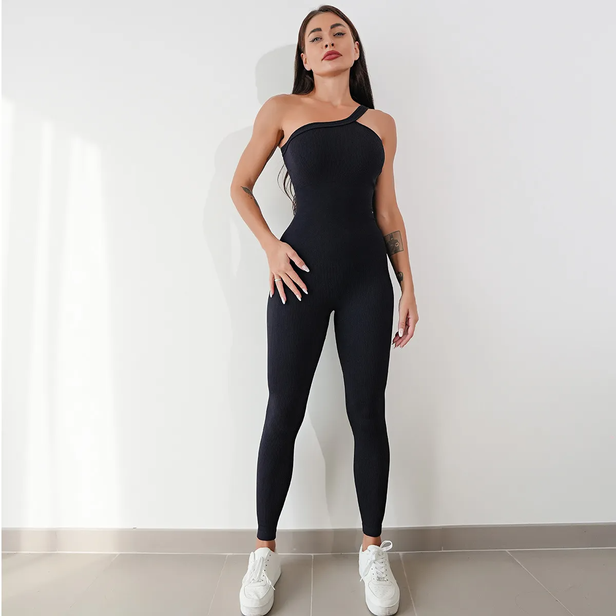 Jena Ribbed Seamless One-Shoulder Jumpsuit workout jumpsuits Castello Clothing Line