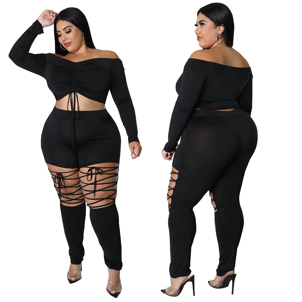 Plus Size Off Shoulder Crop Top & Lace Up Pants Set Castello Clothing Line