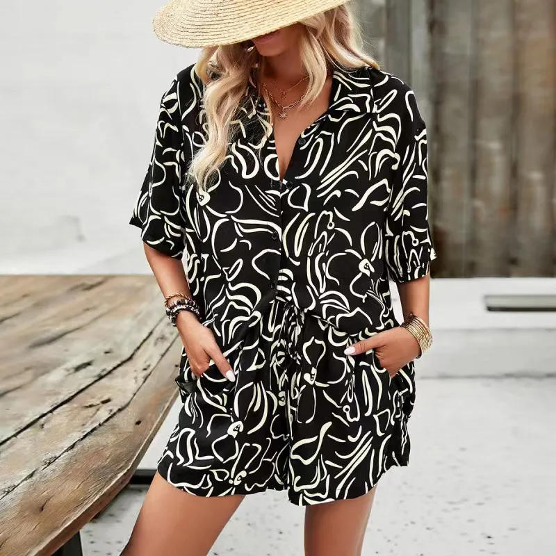 Sprout Leafy Button-Up Shirt & Pocketed Shorts Set Castello Clothing Line