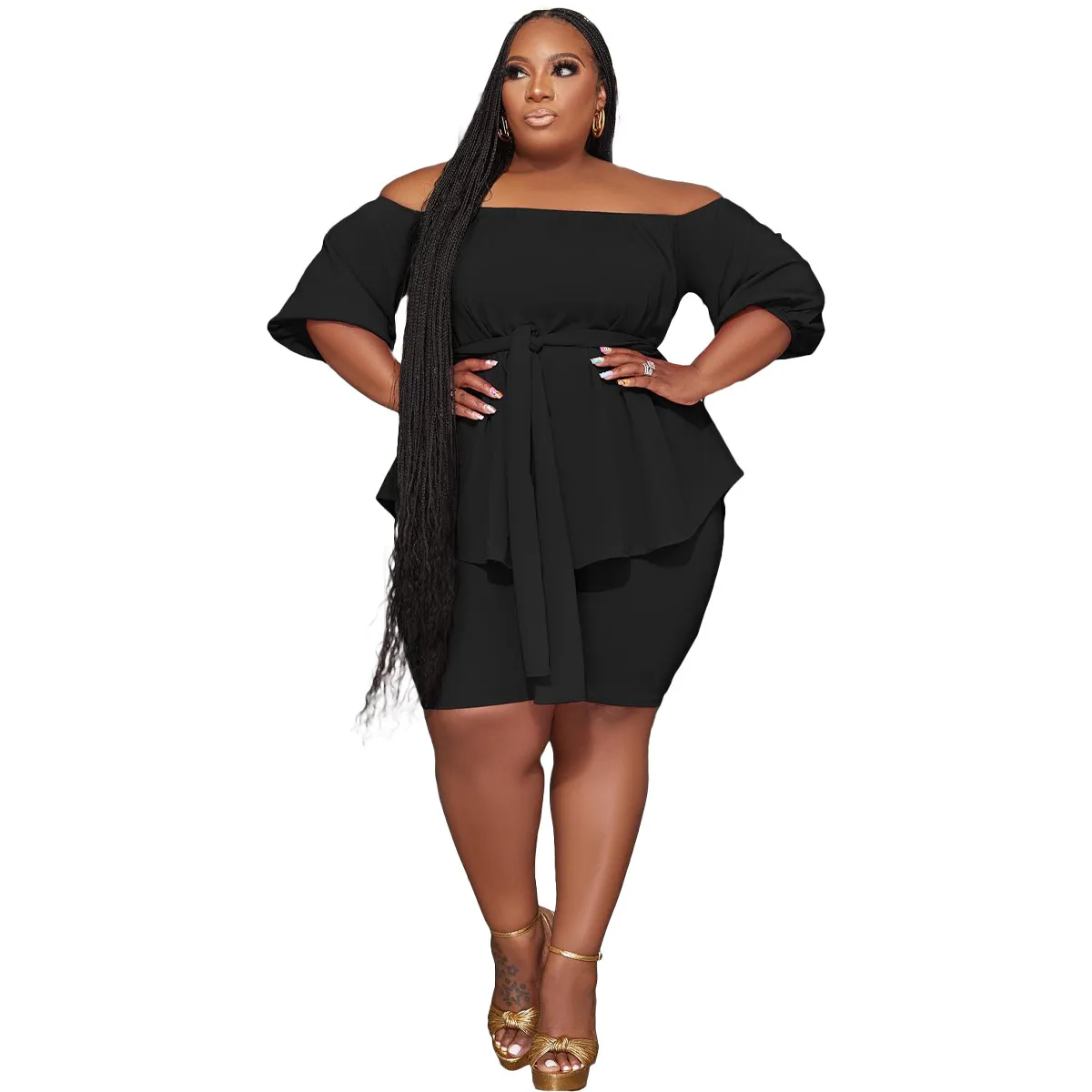 Blaze Plus Size Off-Shoulder Belted Top and Shorts Set Castello Clothing Line