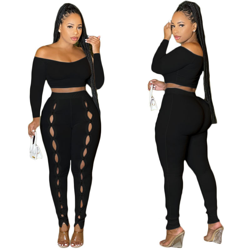 Off Shoulder Crop Top & Skinny Pants Set Castello Clothing Line