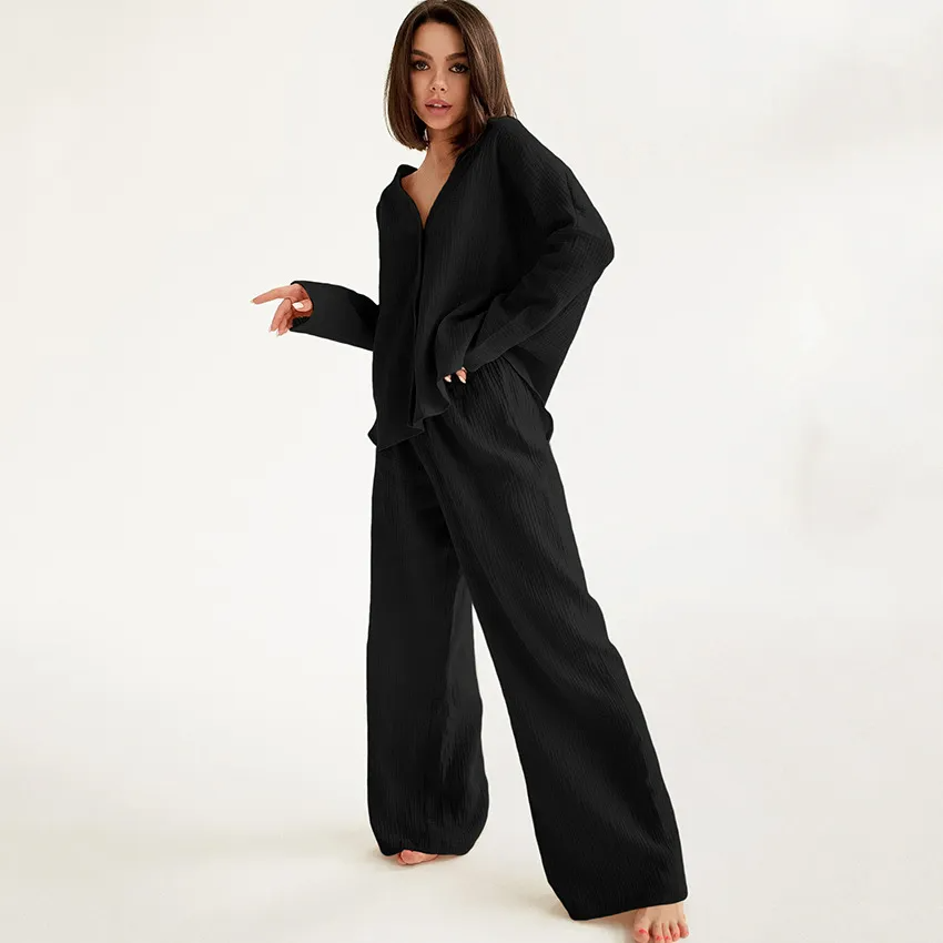 Soft Rhythm Oversized Button-Up Top & Wide Leg Pants Set Castello Clothing Line
