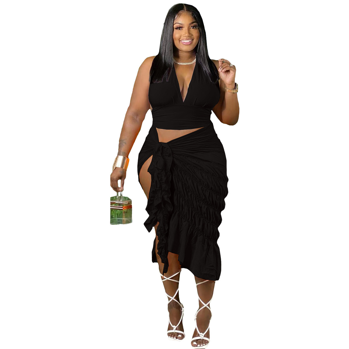 Halter Top & Ruched Slit Skirt Set Castello Clothing Line