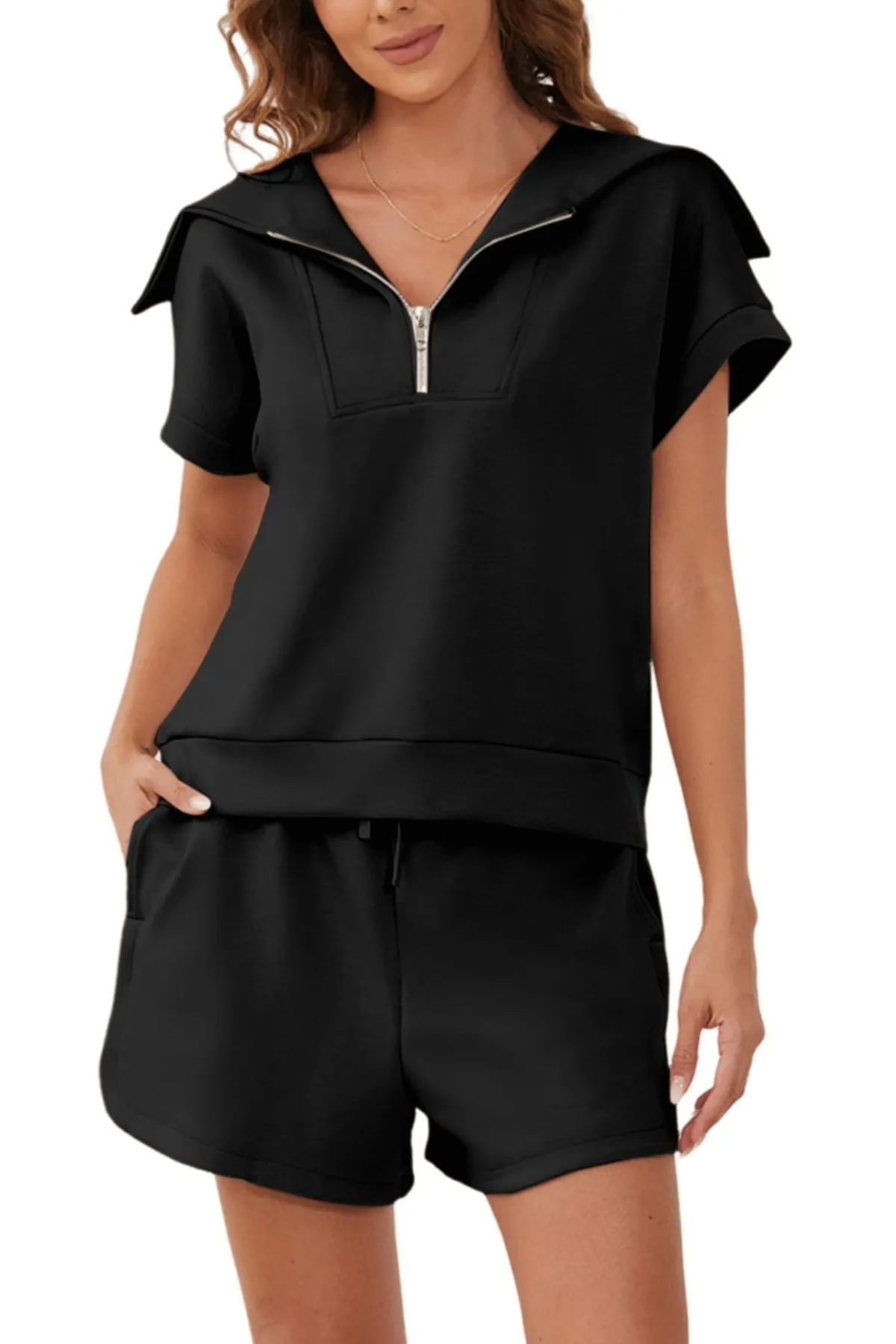 Spree Zip-Up Collared Top & Drawstring Shorts Set Castello Clothing Line