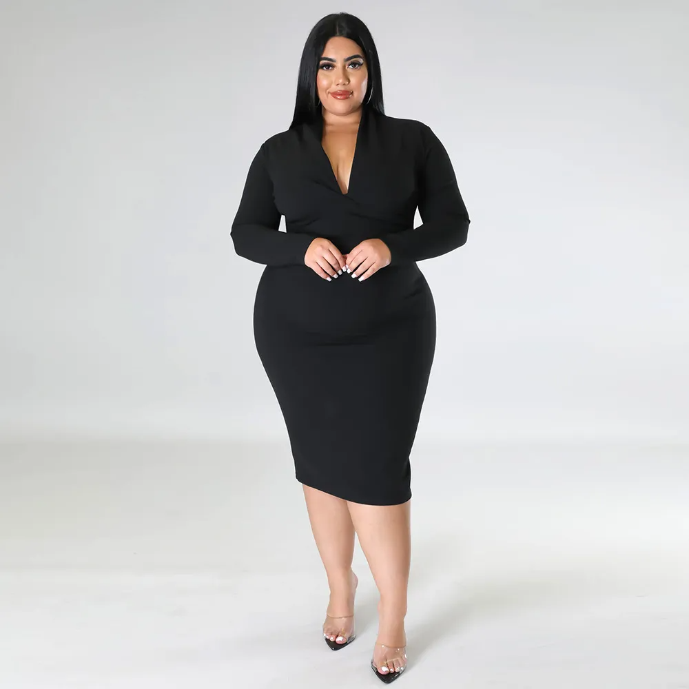 Dawn Plus Size V-Neck Long-Sleeve Bodycon Midi Dress Castello Clothing Line