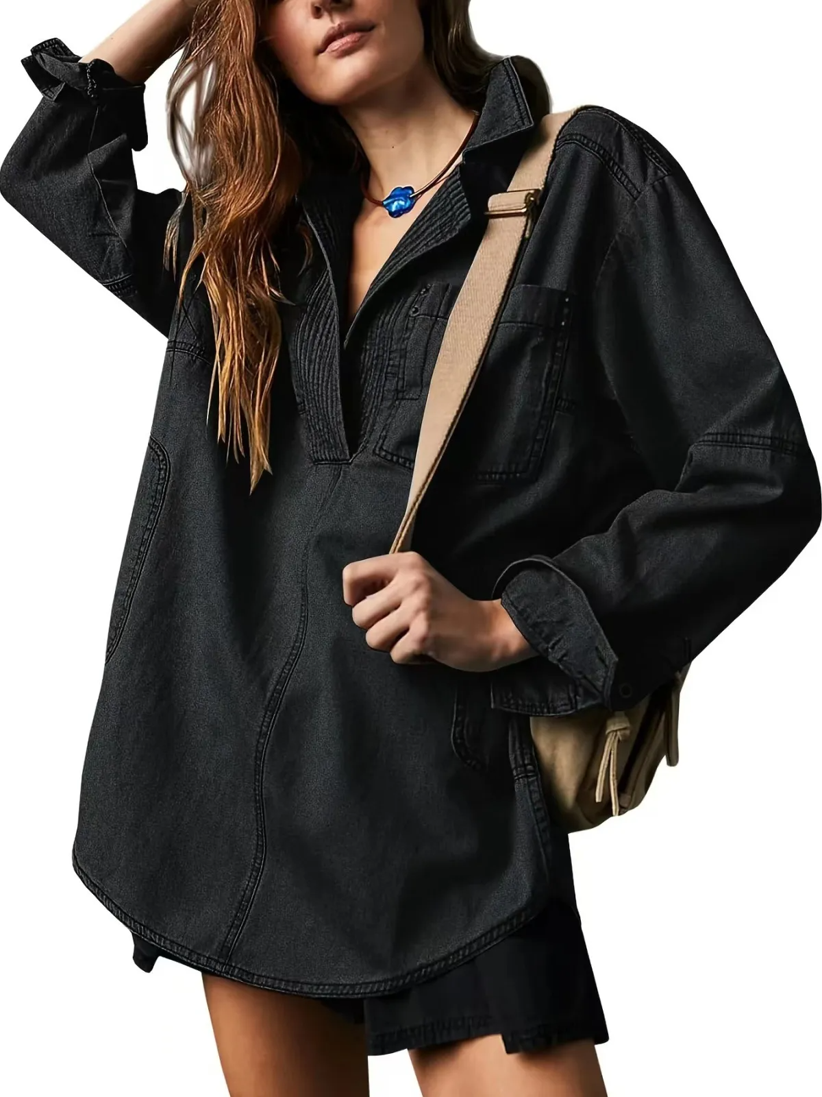 Sable Oversized Long Sleeve Denim Pullover Shirt Castello Clothing Line