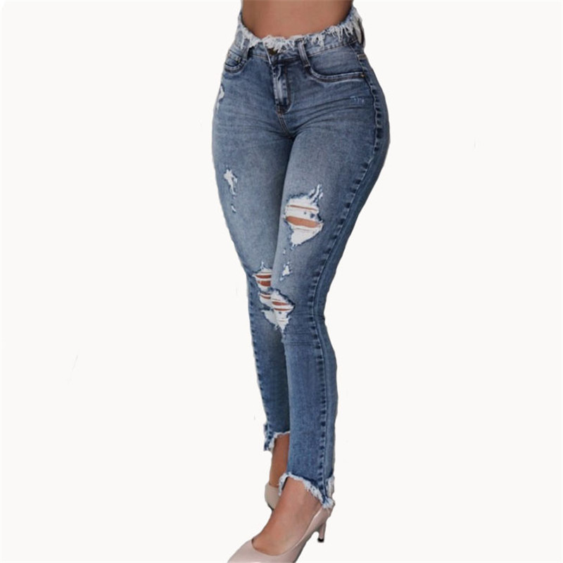 High Waist Raw Hem Skinny Jeans - Slim Fit, Zip Up Fly, Pocket Detail Castello Clothing Line