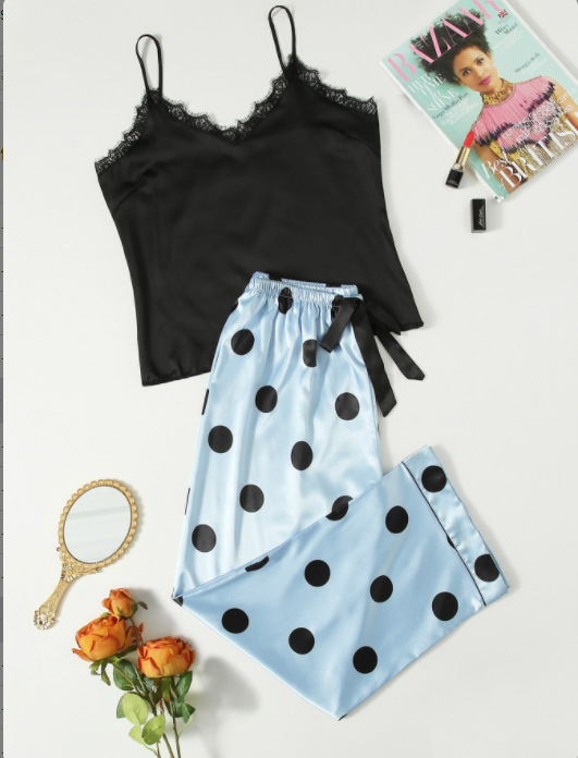 Spotlight Satin Lace Cami & Polka Dot Lounge Pants Set Castello Clothing Line