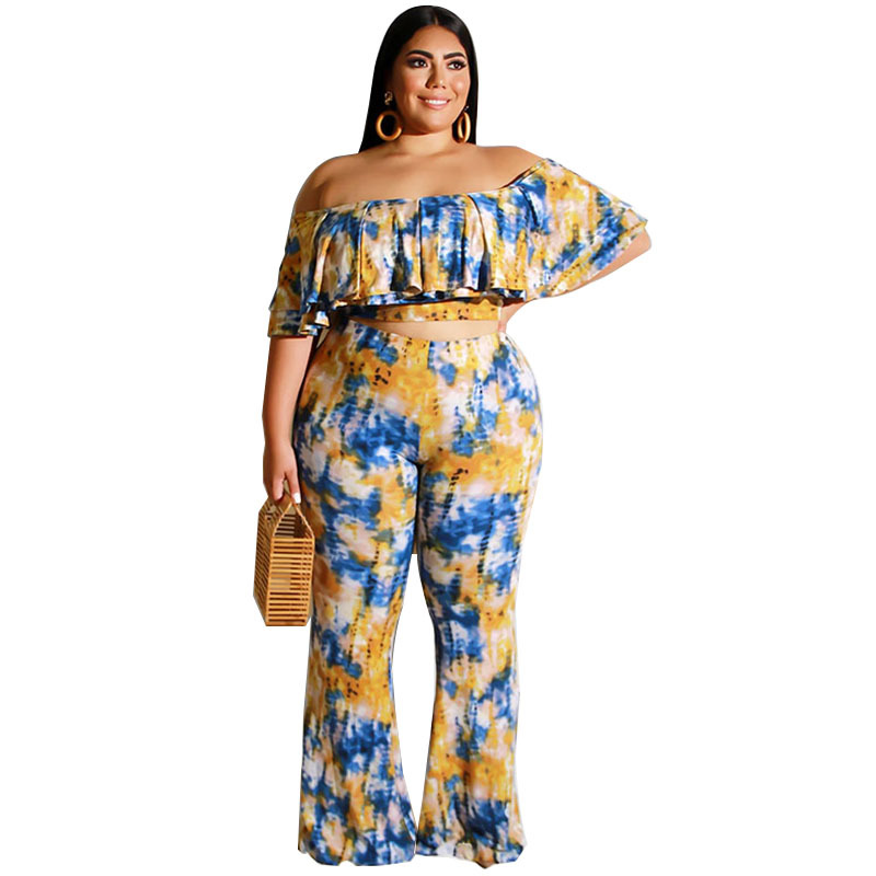 Plus Size Tie Dye Off Shoulder Top & Pants Set - Stylish and Comfortable Off The Shoulder Ruffle Crop Top with Flare Long Pants Castello Clothing Line
