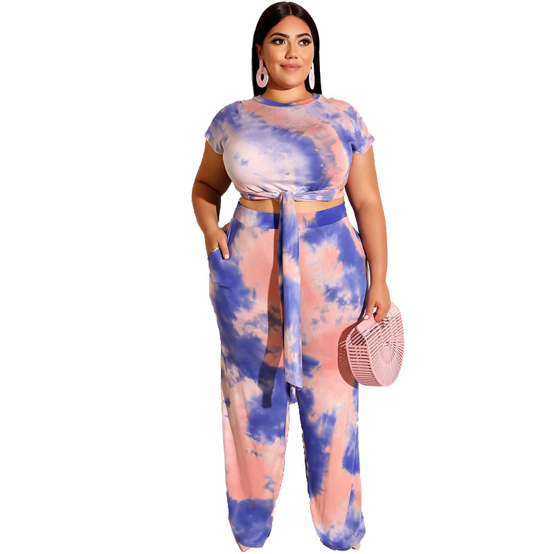 Plus Size Tie Dye Short Sleeve Top and Wide Leg Pants Set - Pocket Detailed - Polyester Castello Clothing Line