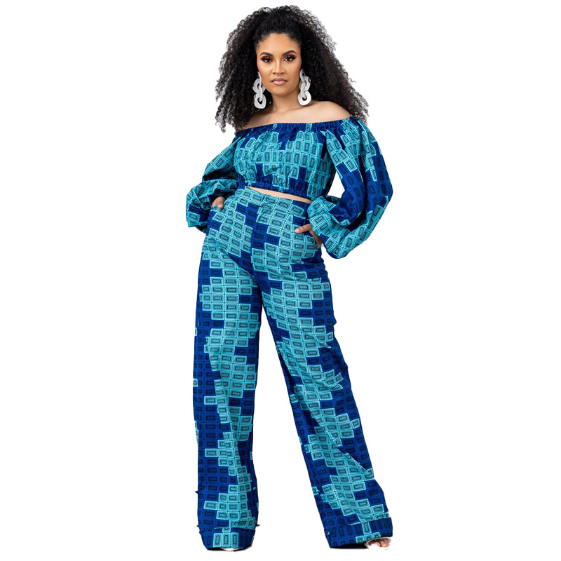 Plus Size Off Shoulder 2-Piece Pants Set with Long Puff Sleeves and High Waisted Pants Castello Clothing Line