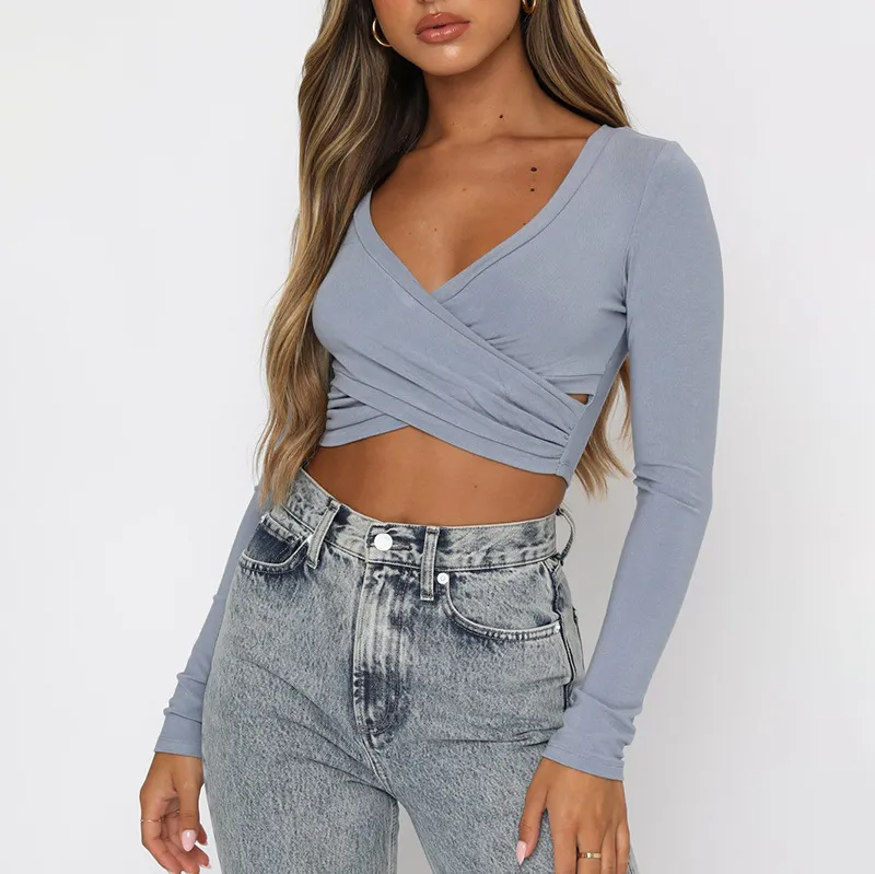 Wrap It Right V-Neck Long Sleeve Crop Top Castello Clothing Line