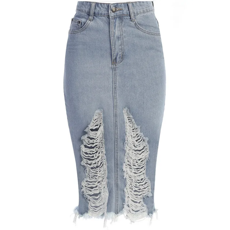 Torn to Perfection Distressed Denim Midi Skirt Castello Clothing Line