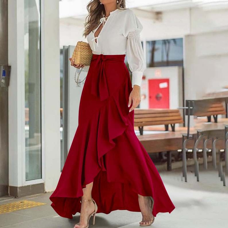 High Waist Ruffle Maxi Skirt - Elegant Fishtail Style, Polyester Fiber Material Castello Clothing Line