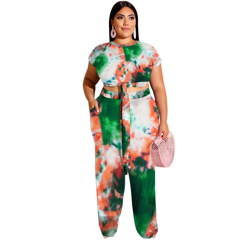 Plus Size Tie Dye Short Sleeve Top and Wide Leg Pants Set - Pocket Detailed - Polyester Castello Clothing Line