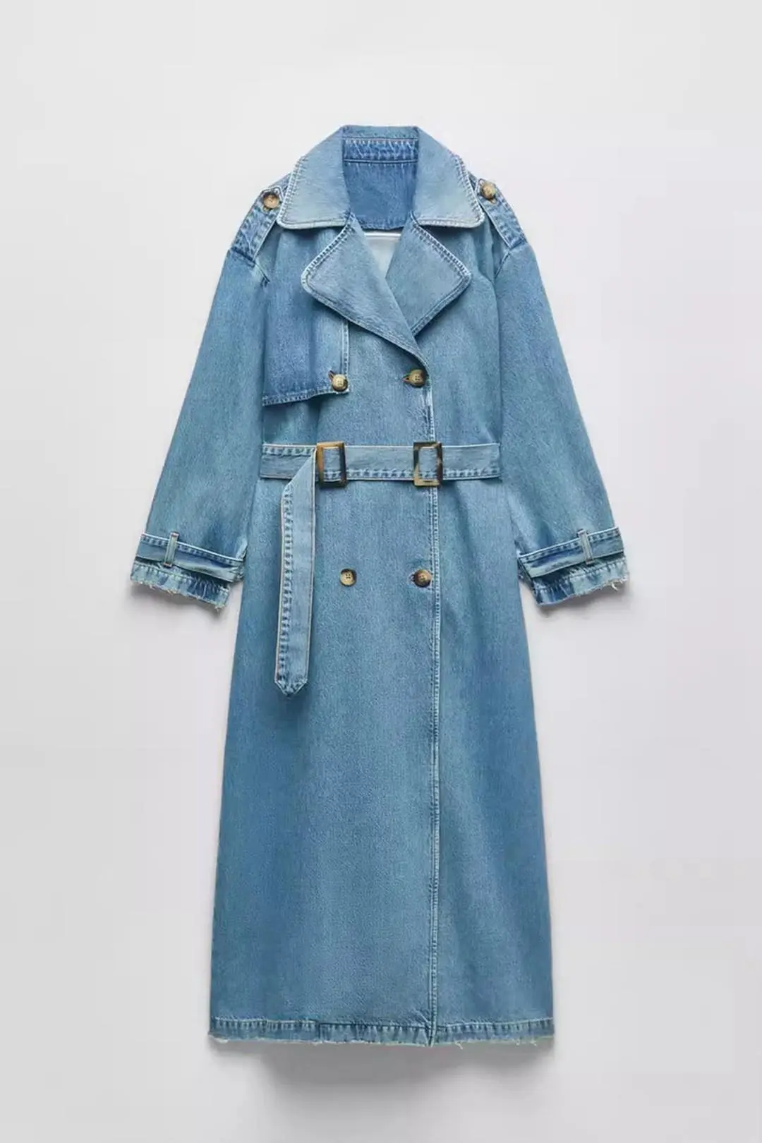 Regal Belted Double-Breasted Long Denim Trench Coat Castello Clothing Line