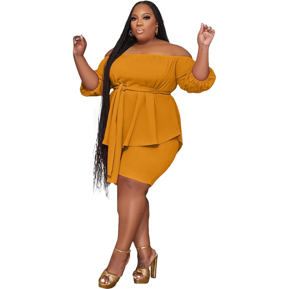 Blaze Plus Size Off-Shoulder Belted Top and Shorts Set Castello Clothing Line