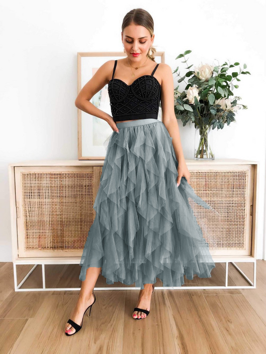 High Waist Maxi Skirt with Layered Mesh Lace  Castello Clothing Line