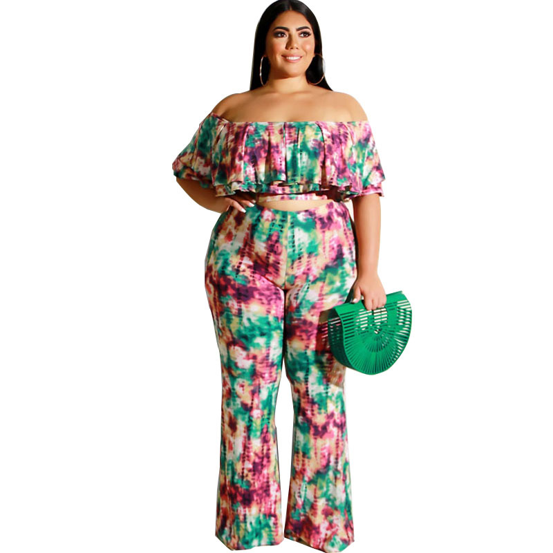 Plus Size Tie Dye Off Shoulder Top & Pants Set - Stylish and Comfortable Off The Shoulder Ruffle Crop Top with Flare Long Pants Castello Clothing Line