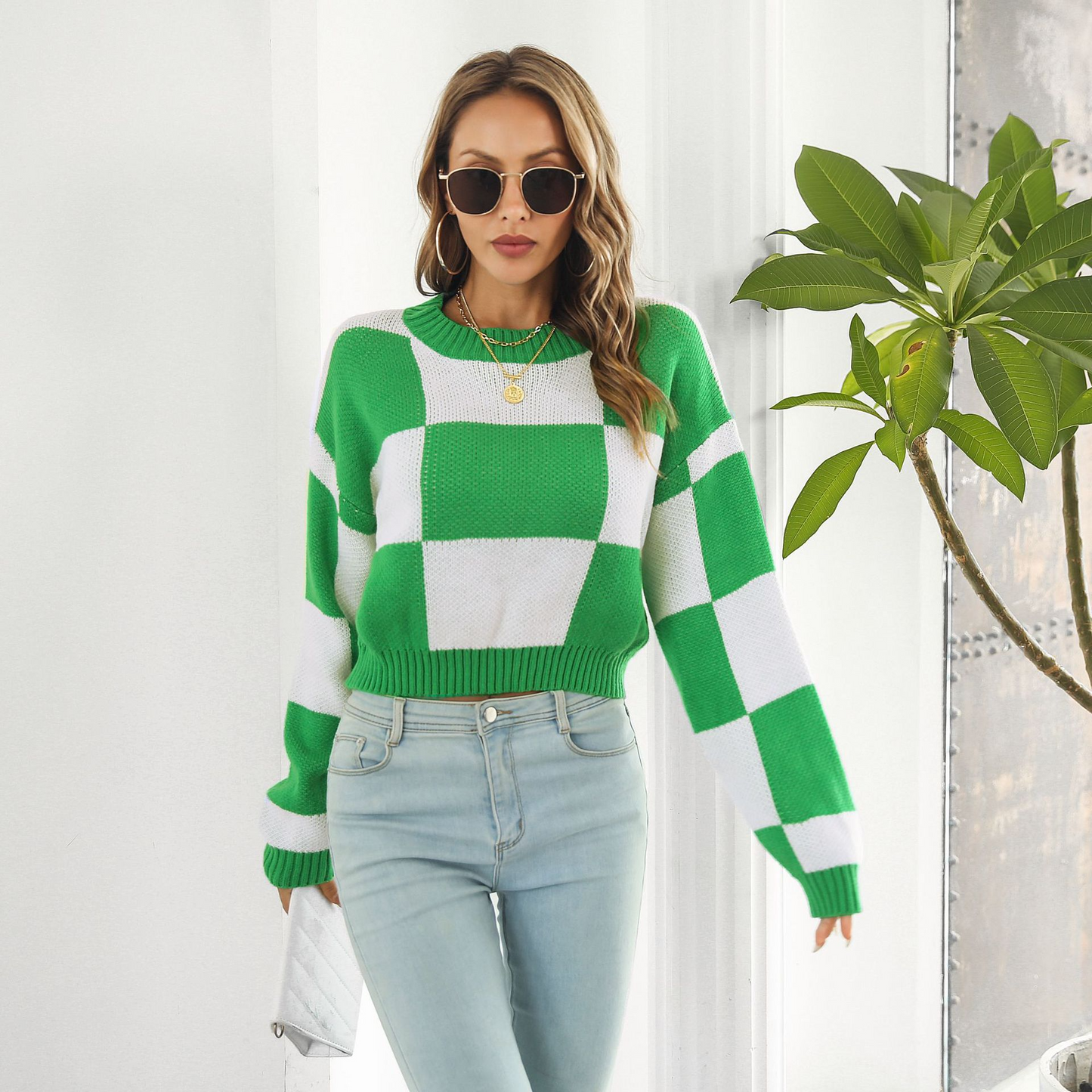 Impact Checkered Knit Cropped Long Sleeve Sweater Castello Clothing Line