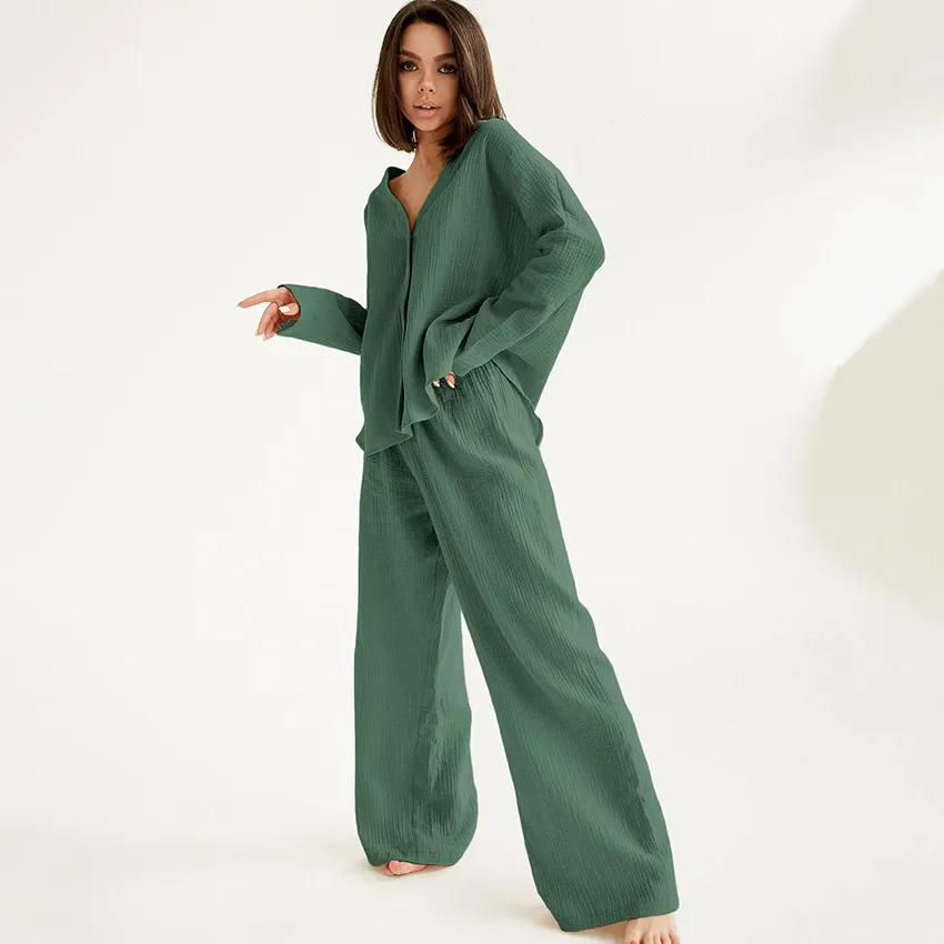 Soft Rhythm Oversized Button-Up Top & Wide Leg Pants Set Castello Clothing Line