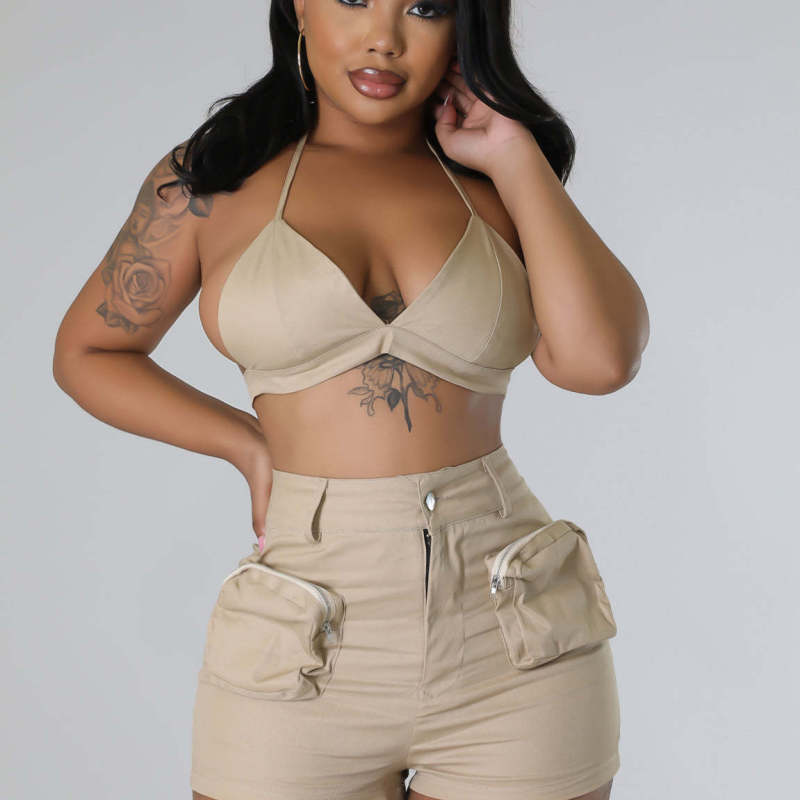 Vibe Halter Bralette Top & High-Waist Utility Shorts Set Castello Clothing Line