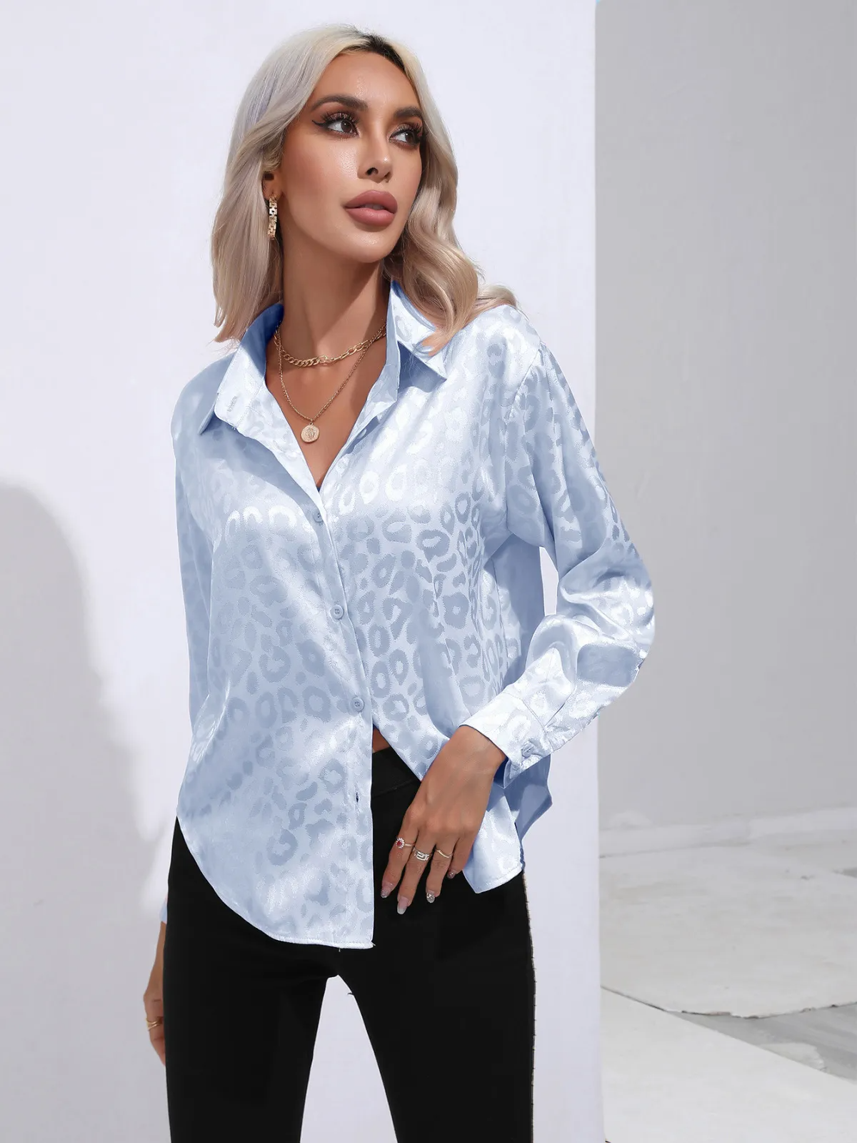 Savvy Spots Satin Button-Up Blouse Castello Clothing Line