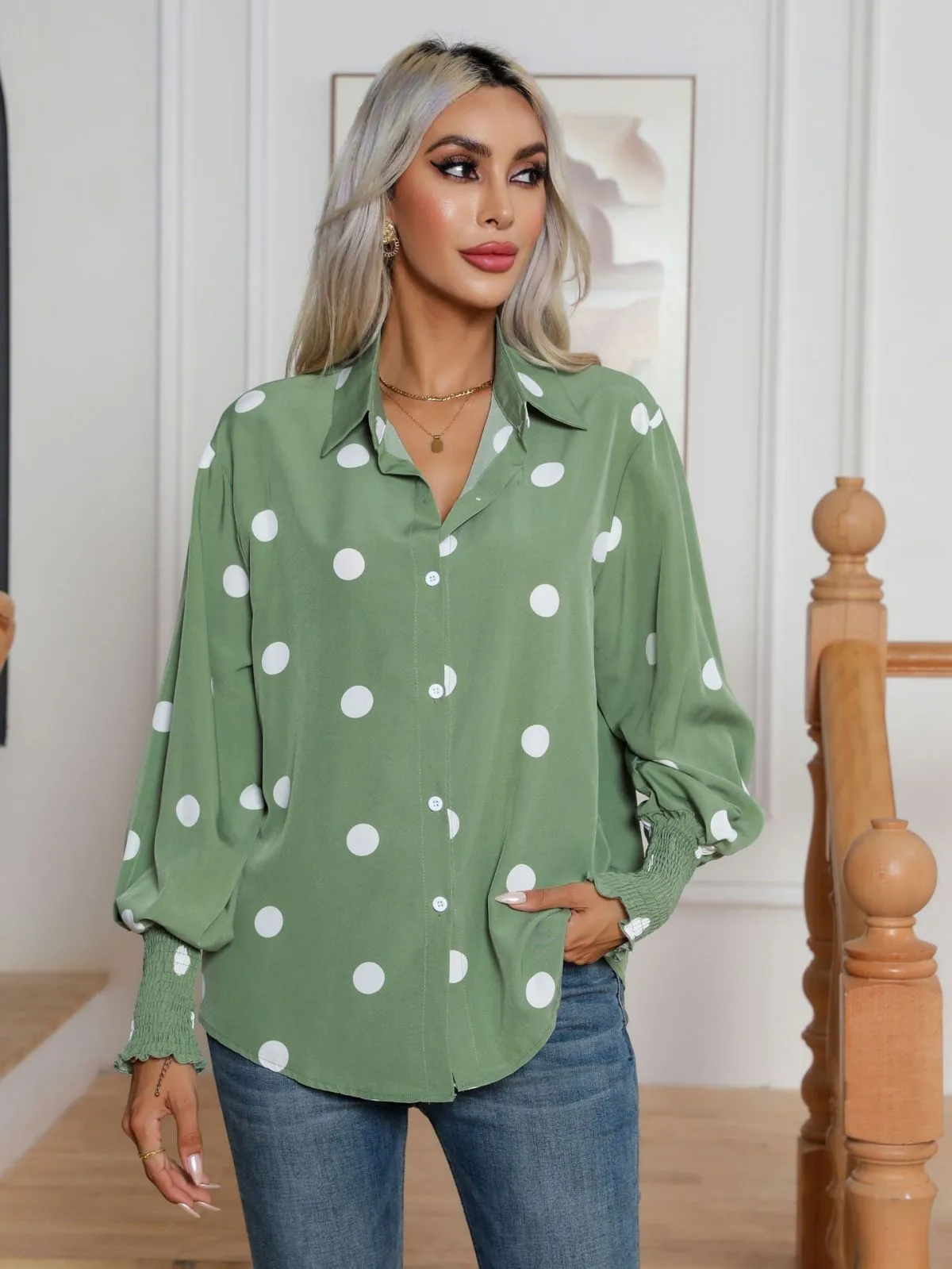 Dotty Days Polka Dot Button-Up Blouse Castello Clothing Line